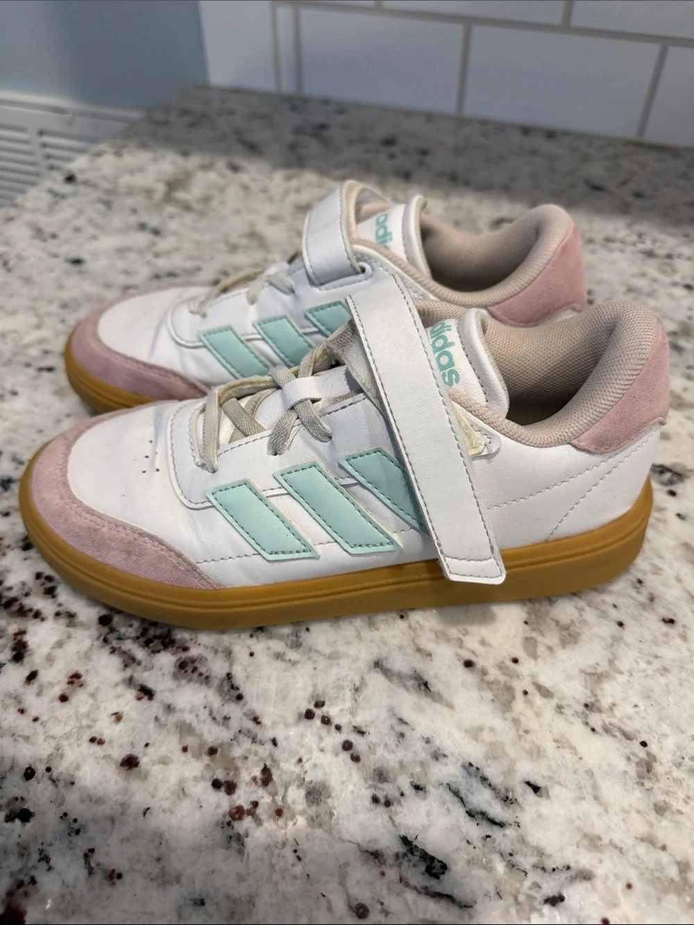 adidas Kids White Sneakers with Pink Accents and Mint Stripes
